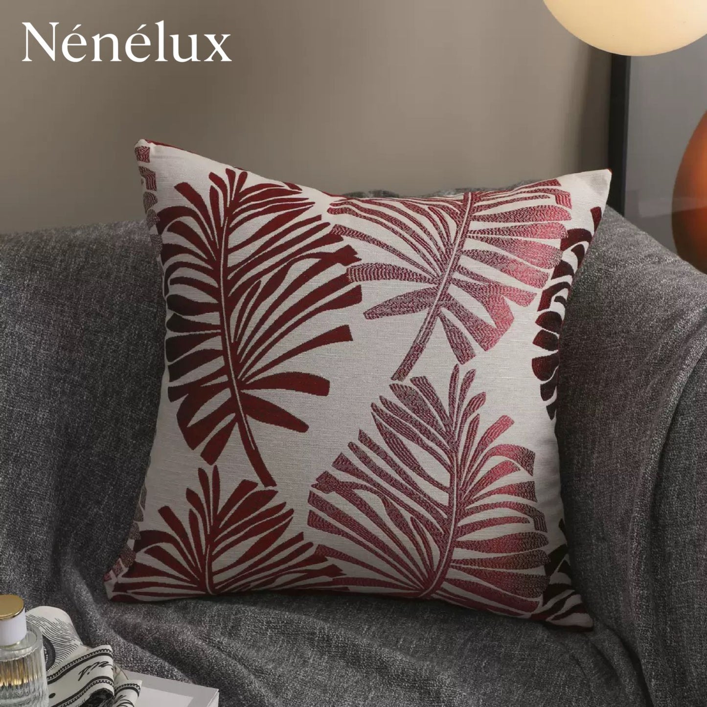 Palm Serenity – Crimson Bloom Red on Beige (Set of 4)